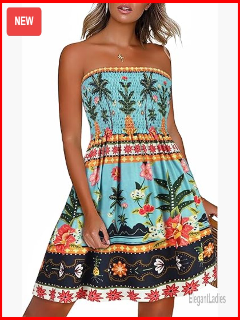 Strapless Boho Floral Print Sundress Summer Beach Cover Up